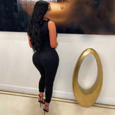 Sleeveless Round Neck See Through Jumpsuit Polyester Mesh Stitching Sequin Slim Fit Trousers